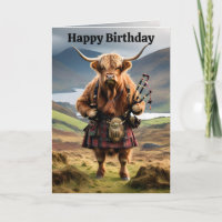 Funny Highland Cow with Bagpipe, Birthday Card