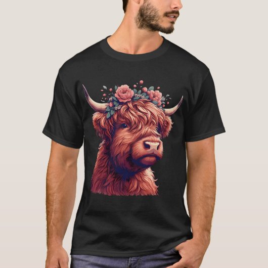 Funny Highland Kuh mit Blume Kronen T - Shirt (Vorderseite)
