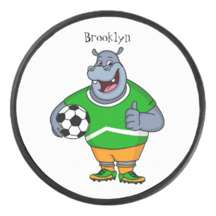 Funny Hippo Fußballspieler Cartoon Illustration Eishockey Puck