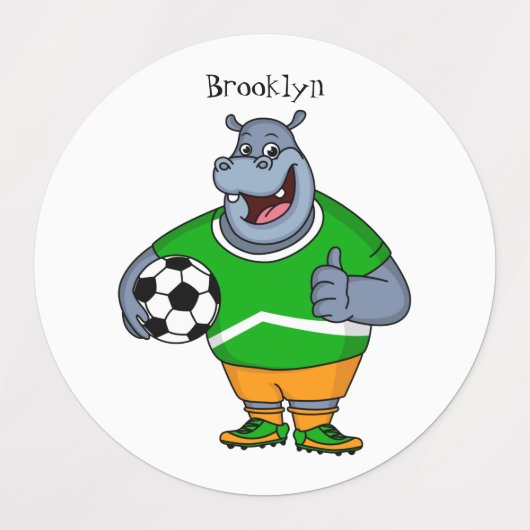 Funny Hippo Fußballspieler Cartoon Illustration Etiketten (Design 2)