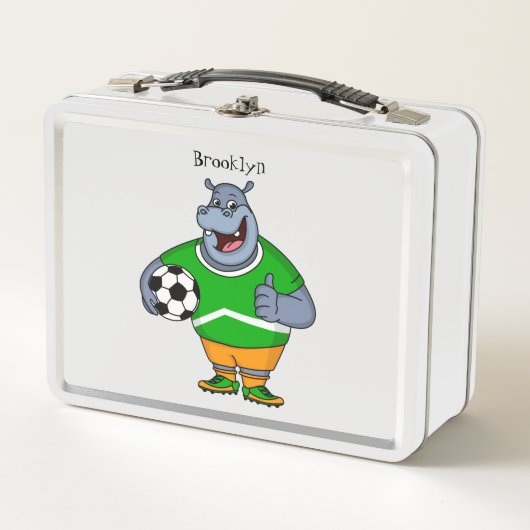 Funny Hippo Fußballspieler Cartoon Illustration Metall Brotdose (Vorderseite)