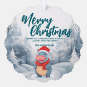 Funny Hippo Merry Xmas Baum Schnee Feier Ornament Karte (Vorderseite)