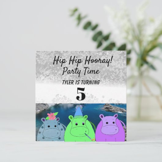 Funny Hippo Party Einladung (Stehend Vorderseite)