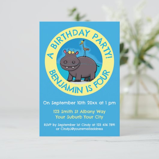 Funny Hippopotamus personalisiert Geburtstag Carto Einladung (Stehend Vorderseite)
