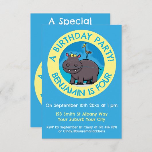 Funny Hippopotamus personalisiert Geburtstag Carto Einladung (Vorne/Hinten)