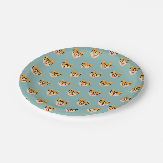 Funny Hipster Corgi Pattern Pappteller (Schrägansicht)