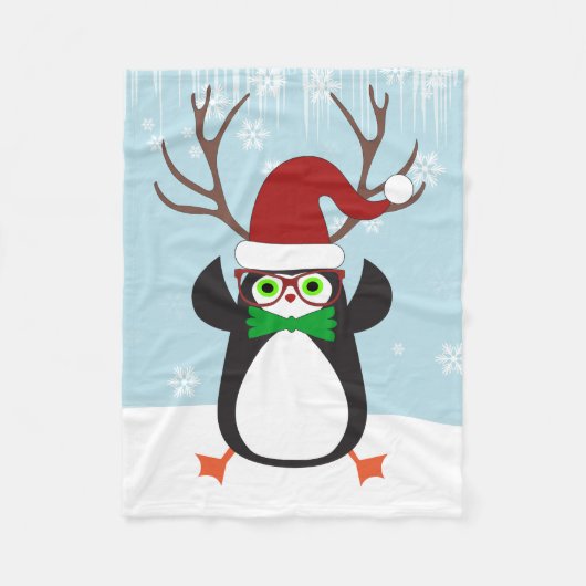 Funny Hipster Weihnachtspenguin mit Antlern Fleecedecke (Vorderseite)