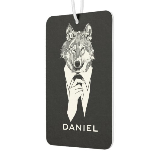 Funny Hipster Wolf mit Black Tuxedo Personalisiert Autolufterfrischer (Links)