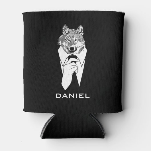 Funny Hipster Wolf mit Black Tuxedo Personalisiert Dosenkühler (Vorderseite)