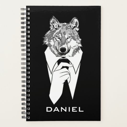 Funny Hipster Wolf mit Black Tuxedo Personalisiert Planer (Vorderseite)