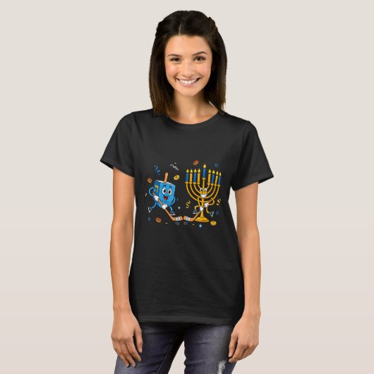 Funny Hockey Dreidel Menorah Hanukkah Kids Womens T-Shirt (Vorne ganz)