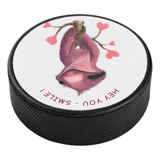 Funny Hockey Puck Playful Sloth Smile Custom Text (3/4)
