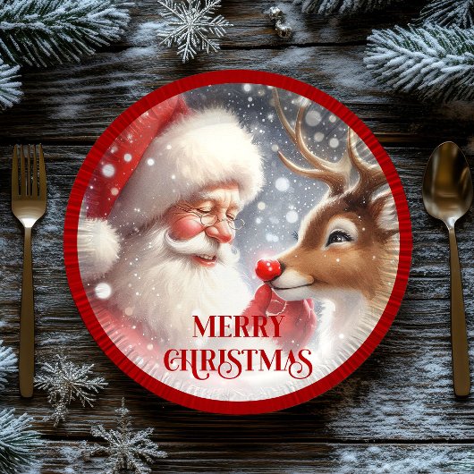 Funny Holiday Plates Santa and Red Nose Rudolph Pappteller