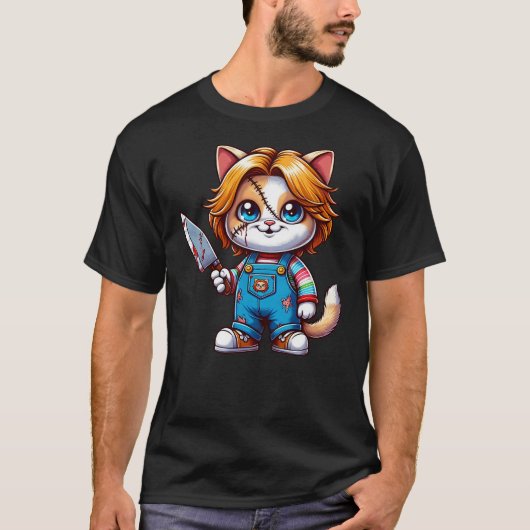Funny Horror Halloween Chuckie Cat T-Shirt (Vorderseite)