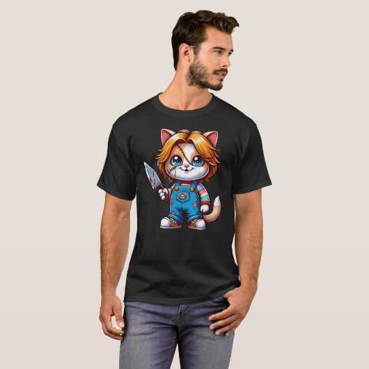 Funny Horror Halloween Chuckie Cat T-Shirt (Vorne ganz)