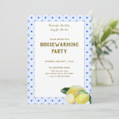 Funny Housewärming Tee Party Boho Lemon Blue Tiles Einladung (Stehend Vorderseite)