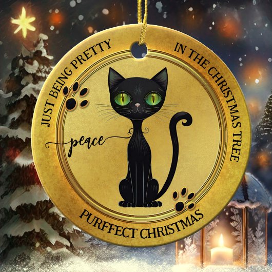 Funny Hübsch Black Kitty Gold Weihnachten Keramik Ornament