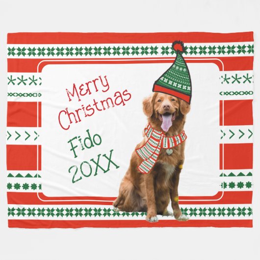 Funny Hund mit Elf Hat und Scarf Red Green Custom Fleecedecke (Vorderseite (Horizontal))