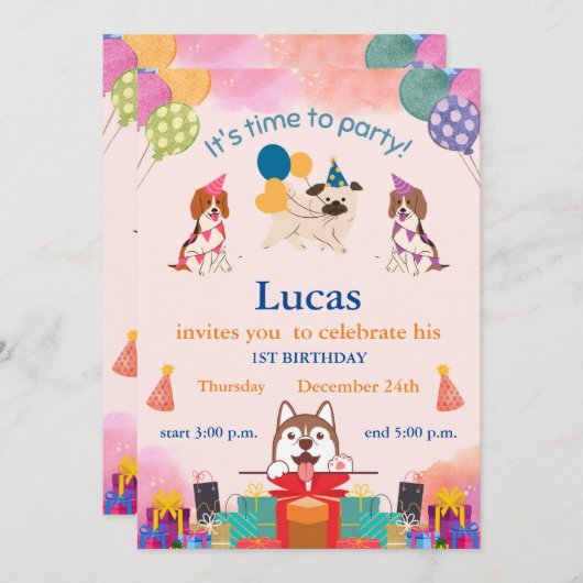Funny Hunde 1. Geburtstag Einladung (Vorne/Hinten)