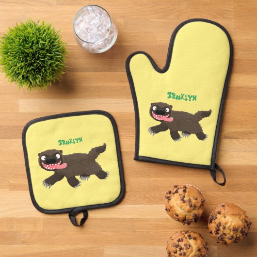 Funny hungrig Wolverine tierischer Cartoon Ofenhandschuh & Topflappen-Set (Oben Unten)