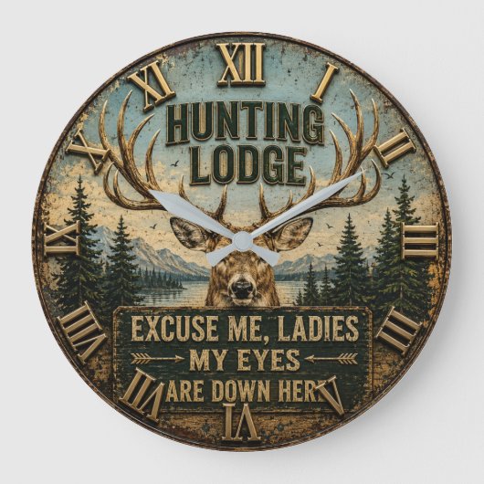 Funny Hunting Lodge Rustic Deer Hunter Decor Große Wanduhr (Vorderseite)