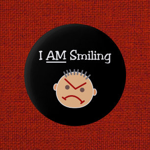 Funny I AM Smiling Grouchy Angry Crabby Guy Dark Button