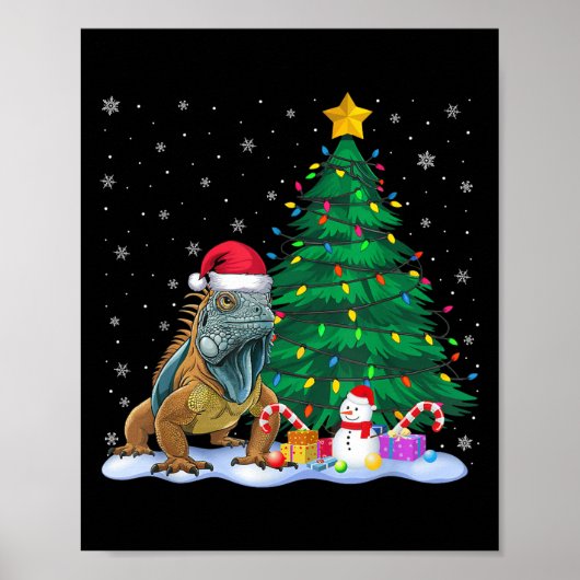 Funny Iguana Xmas Tree Lights Reindeer Hat Christm Poster (Vorne)