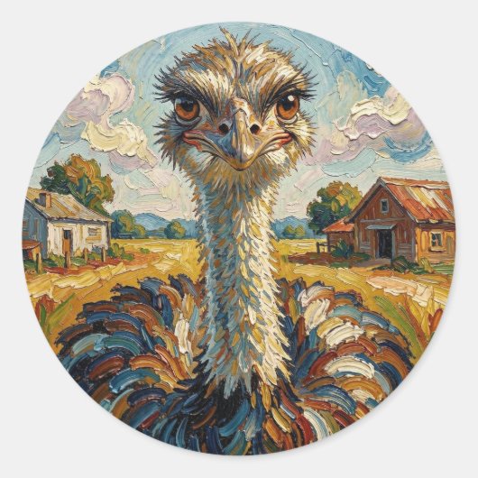 Funny Impasto Ostrich on a Ranch  Runder Aufkleber (Vorderseite)