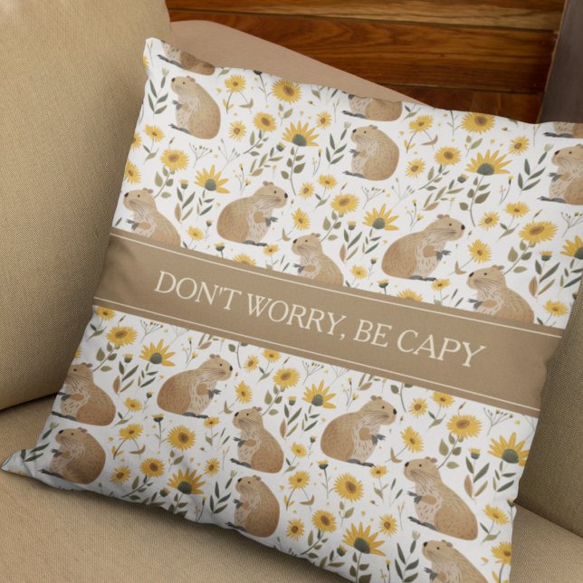 Funny Inspirational Capybara Kissen (cute funny inspirational capybara floral pillow with sunflower pattern, don't worry be happy)