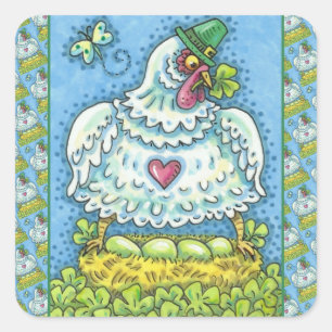 FUNNY IRISH HEN, GRÜNE EIER UND KLEEBLÄTTER NIEDLI QUADRATISCHER AUFKLEBER
