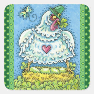 FUNNY IRISH HEN, GRÜNE EIER UND KLEEBLÄTTER NIEDLI QUADRATISCHER AUFKLEBER