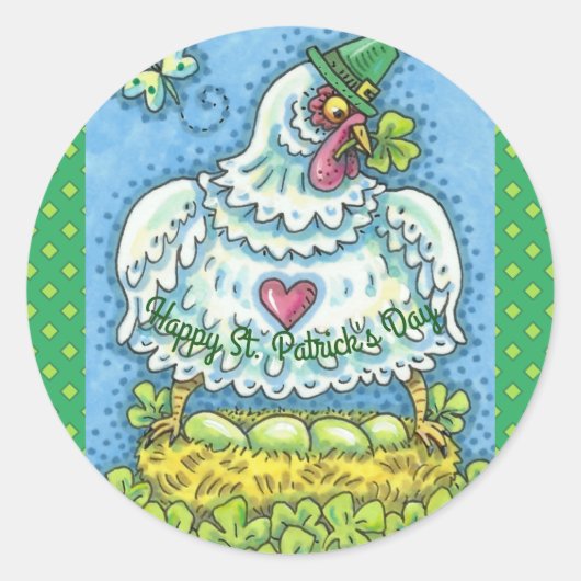FUNNY IRISH HEN, GRÜNE EIER UND KLEEBLÄTTER NIEDLI RUNDER AUFKLEBER (Vorderseite)