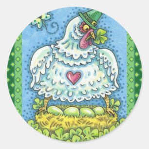 FUNNY IRISH HEN, GRÜNE EIER UND KLEEBLÄTTER NIEDLI RUNDER AUFKLEBER