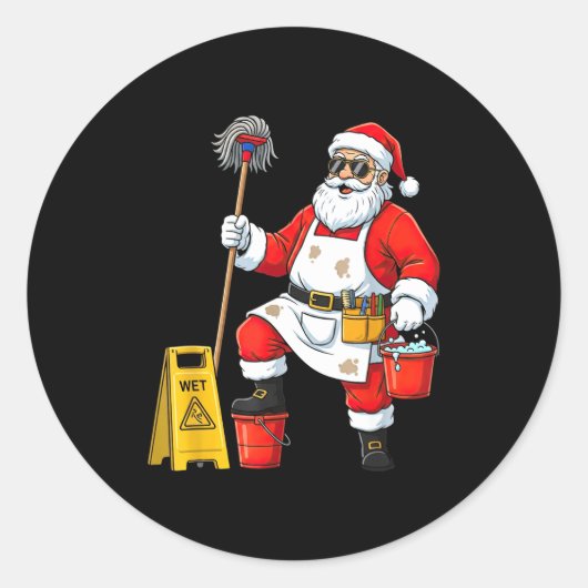 Funny Janitor Santa Christmas Graphic Cleaner Clea Runder Aufkleber (Vorderseite)