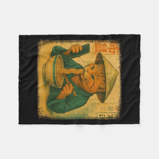 Funny Japanese Cat Eat Ramen And Scroll Phone Anim Fleecedecke (Vorderseite (Horizontal))