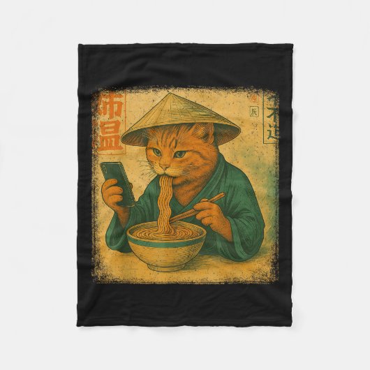 Funny Japanese Cat Eat Ramen And Scroll Phone Anim Fleecedecke (Vorderseite)