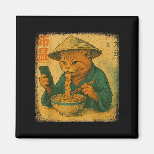 Funny Japanese Cat Eat Ramen And Scroll Phone Anim Magnet (Vorne)