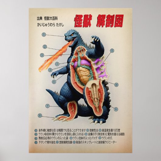 Funny Japanisch Kaiju Anatomie Diagramm Poster (Vorne)