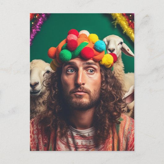Funny Jesus and Sheep bei einer farbenfrohen Gebur Postkarte (Vorderseite)