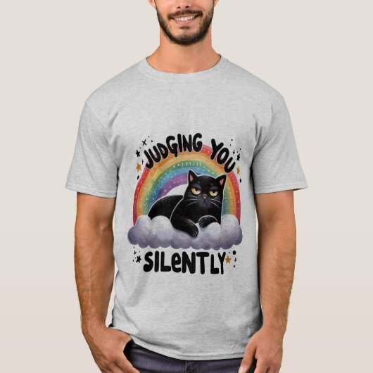 Funny "Judging You Silently" Grumpy Black Cat ✨🌈 T-Shirt (Vorderseite)