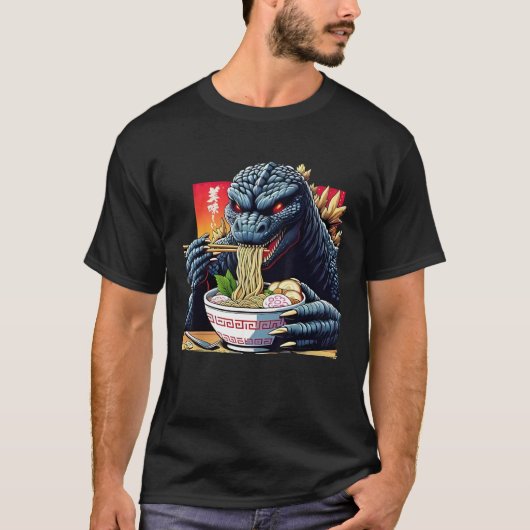 Funny Kaiju Eating Ramen Japanisches Monster Lover T-Shirt (Vorderseite)