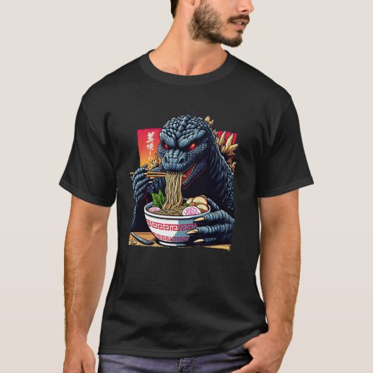 Funny Kaiju Eating Ramen Japanisches Monster Lover T-Shirt (Vorderseite)