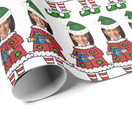 Funny kamala harris Custom Face Foto Elf Xmas Geschenkpapier (Rolleneckpunkt)