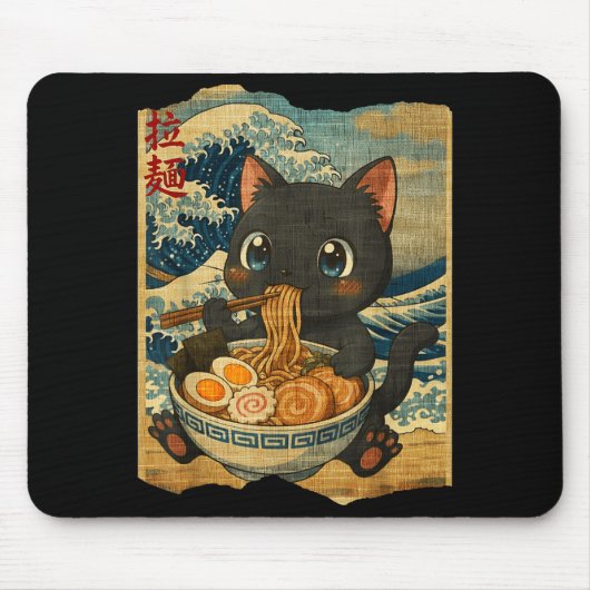 Funny Kawaii Black Cat Ramen Noodle Bowl Japanese Mousepad (Vorne)