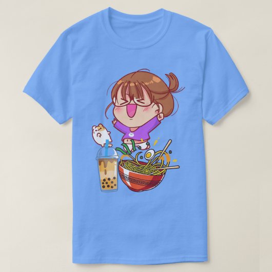 Funny Kawaii Girl Cat Eating Ramen And Boba Milk T T-Shirt (Design vorne)