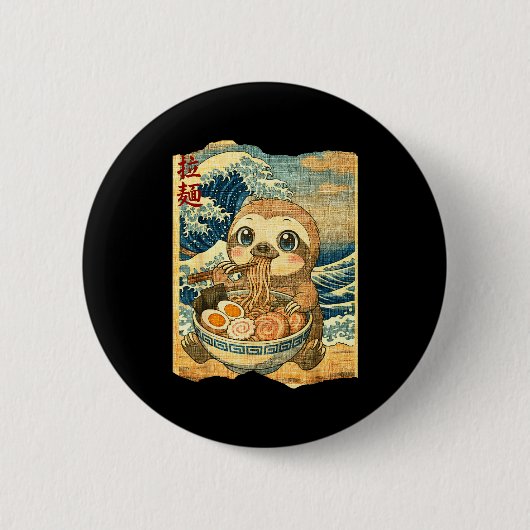 Funny Kawaii Sloth Ramen Noodle Bowl Japanese Wave Button (Vorderseite)