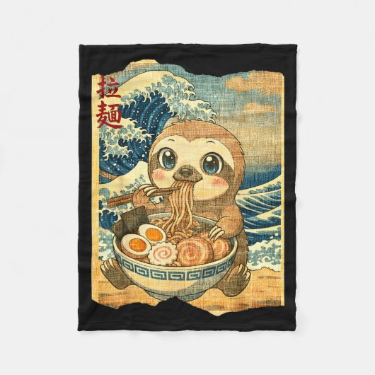 Funny Kawaii Sloth Ramen Noodle Bowl Japanese Wave Fleecedecke (Vorderseite)