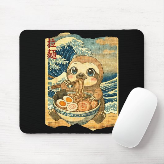 Funny Kawaii Sloth Ramen Noodle Bowl Japanese Wave Mousepad (Mit Mouse)