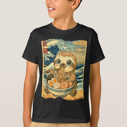 Funny Kawaii Sloth Ramen Noodle Bowl Japanese Wave T-Shirt (Vorderseite)