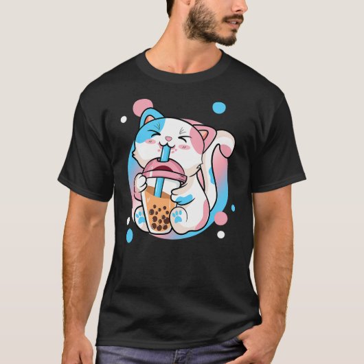 Funny Kawaii Transgender Bubble Tea Cat LGBT Ally  T-Shirt (Vorderseite)